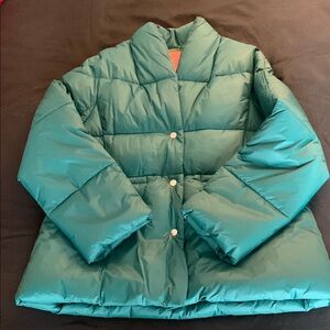 J. Crew Green Quilted Puffer Jacket with shawl up or down Collar.